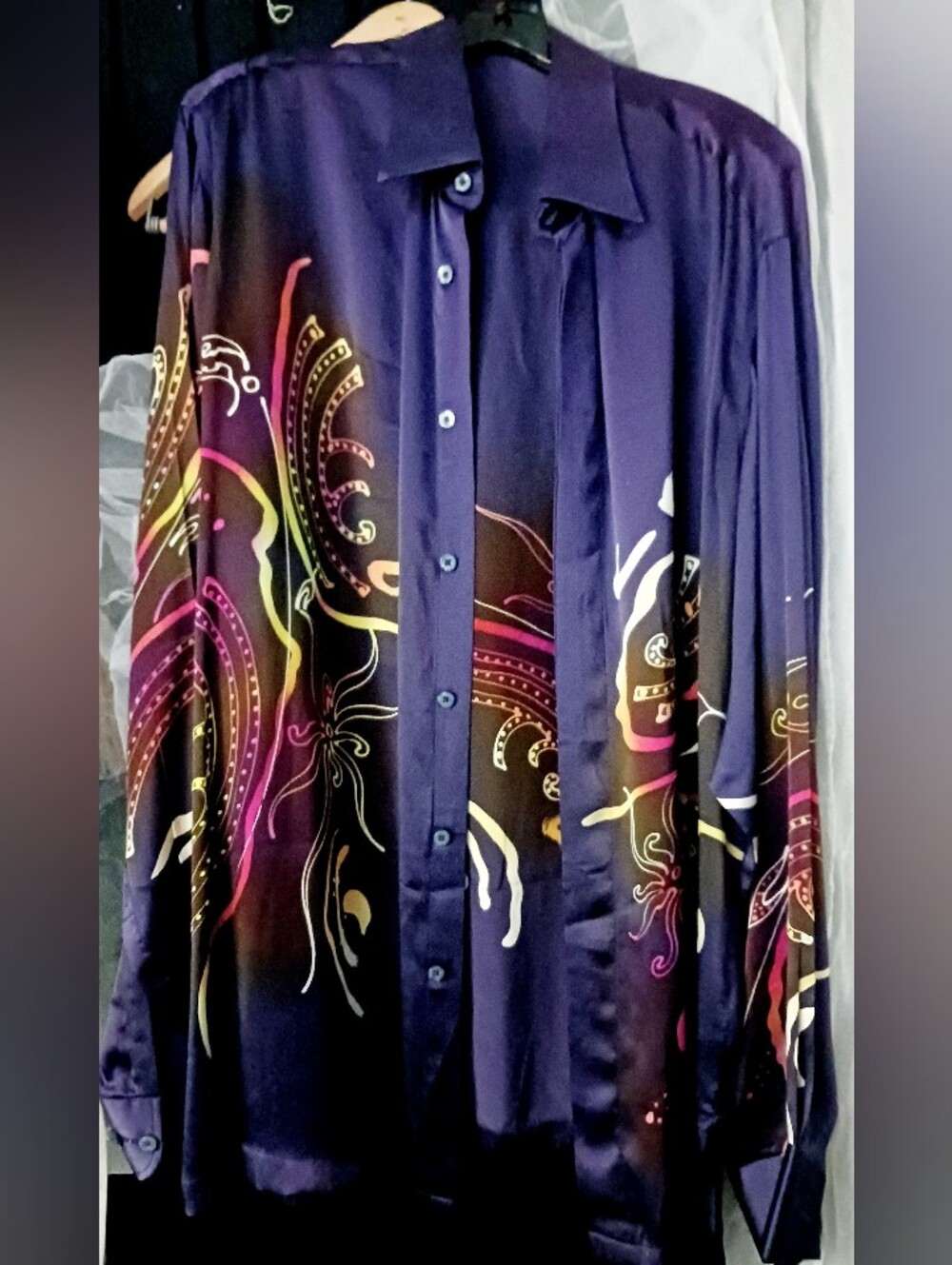 Men's Purple Silk Button-Up Shirt with Multicolor Abstract Print